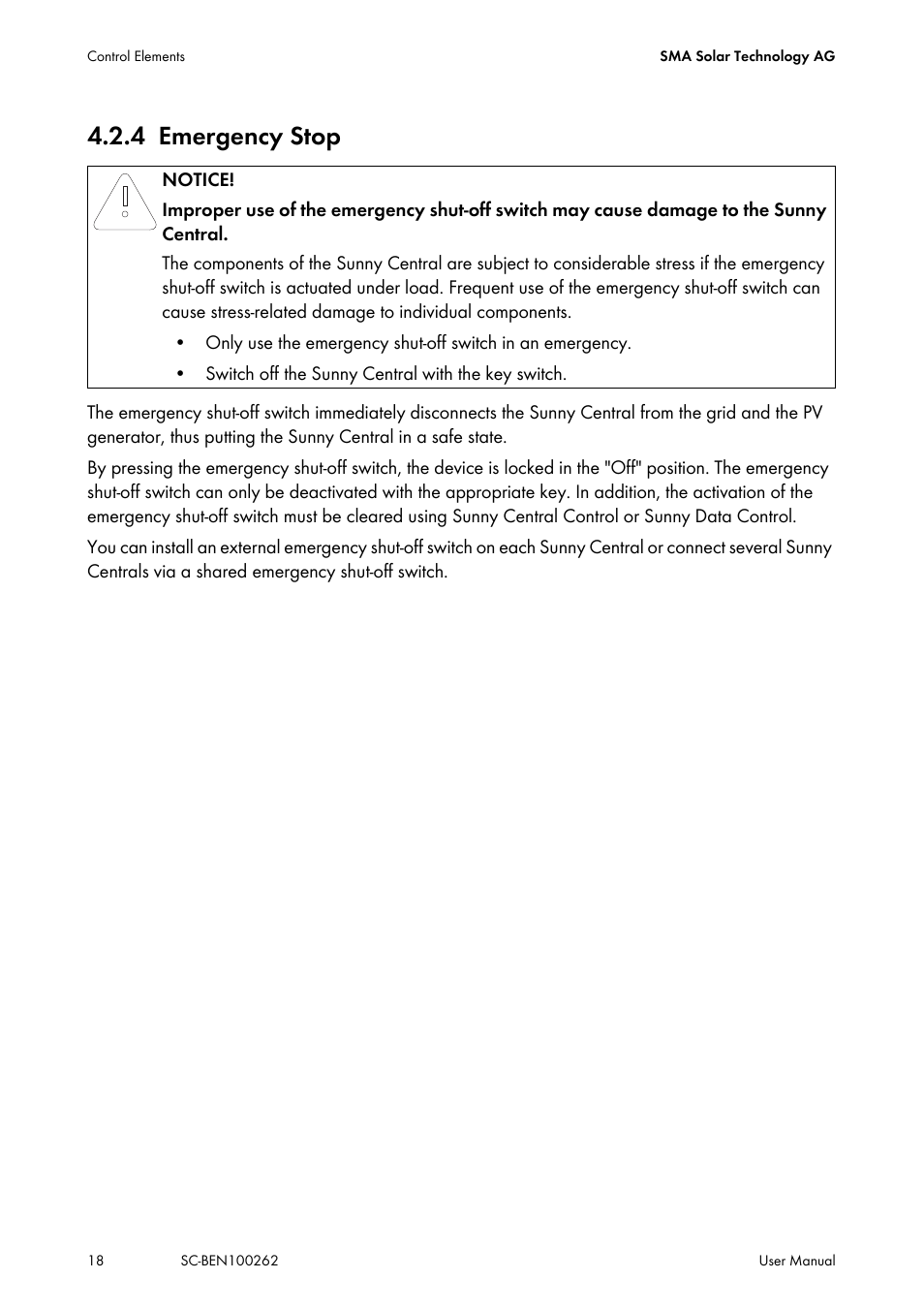 4 emergency stop, Emergency stop | SMA SC 200 User Manual | Page 18 / 96