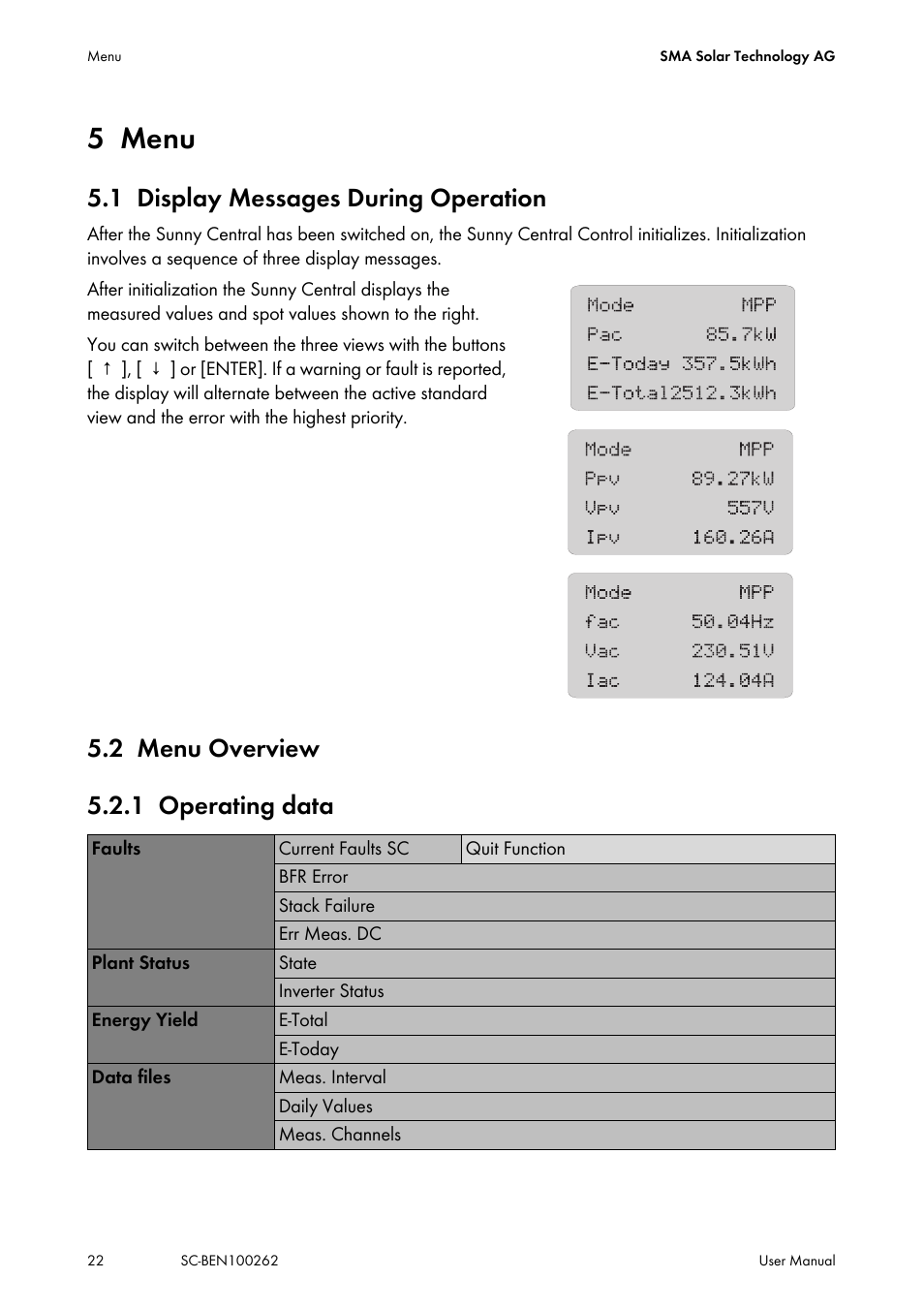 5 menu, 1 display messages during operation, 2 menu overview | 1 operating data, Menu, Display messages during operation, Menu overview, Operating data, 2 menu overview 5.2.1 operating data | SMA SC 200 User Manual | Page 22 / 96