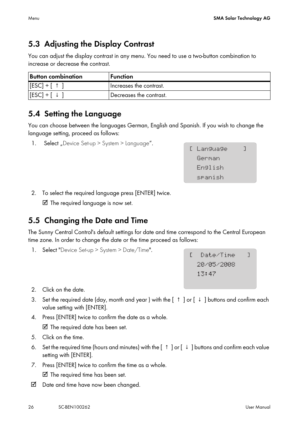 3 adjusting the display contrast, 4 setting the language, 5 changing the date and time | Adjusting the display contrast, Setting the language, Changing the date and time | SMA SC 200 User Manual | Page 26 / 96