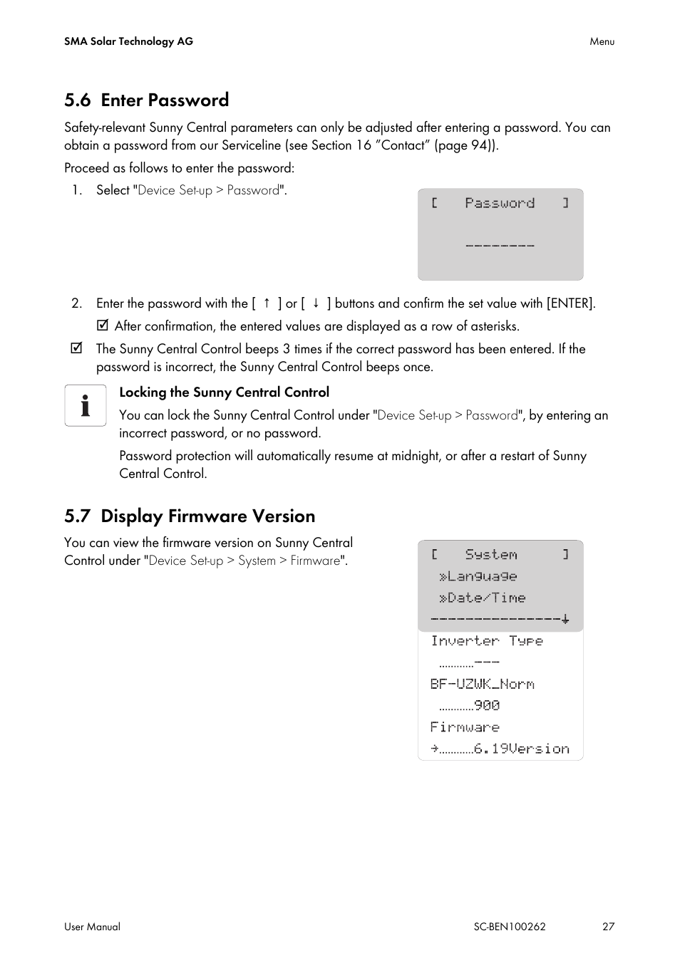 6 enter password, 7 display firmware version, Enter password | Display firmware version | SMA SC 200 User Manual | Page 27 / 96