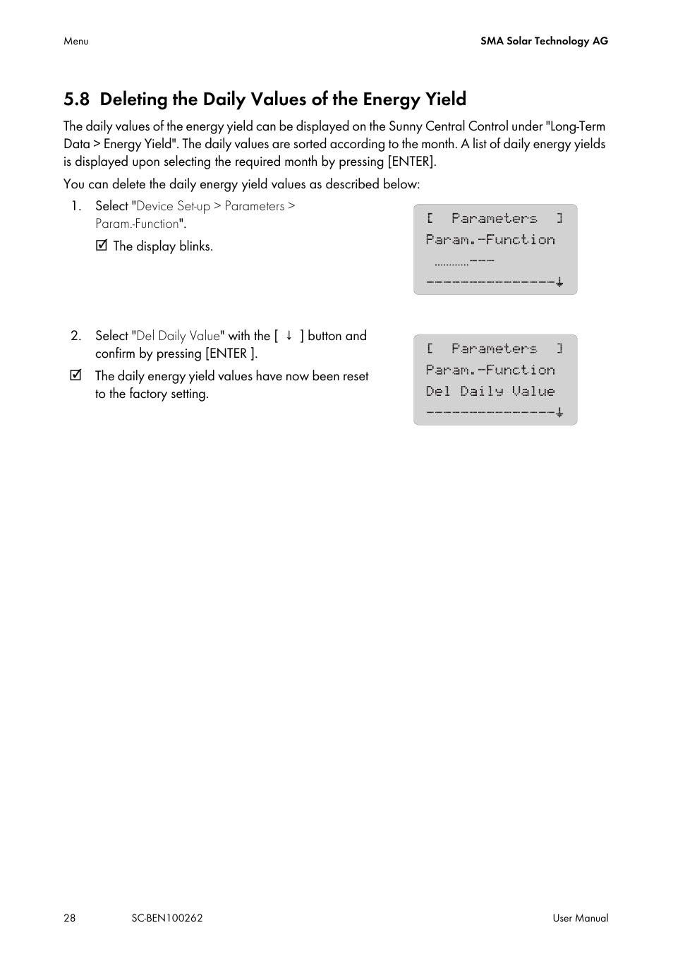 8 deleting the daily values of the energy yield, Deleting the daily values of the energy yield | SMA SC 200 User Manual | Page 28 / 96