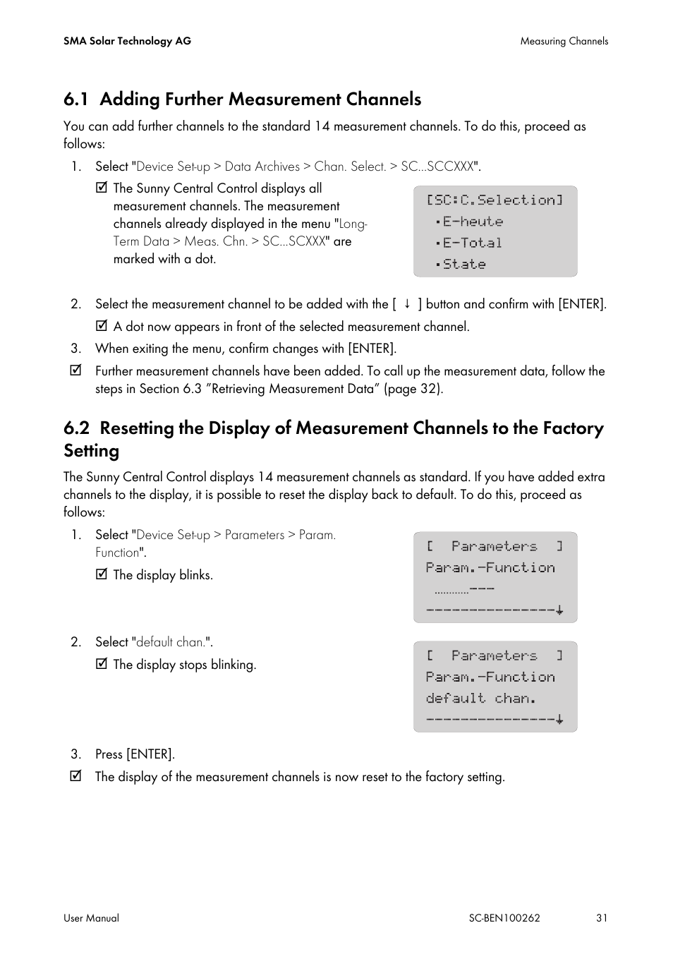 1 adding further measurement channels, Adding further measurement channels, Setting | SMA SC 200 User Manual | Page 31 / 96