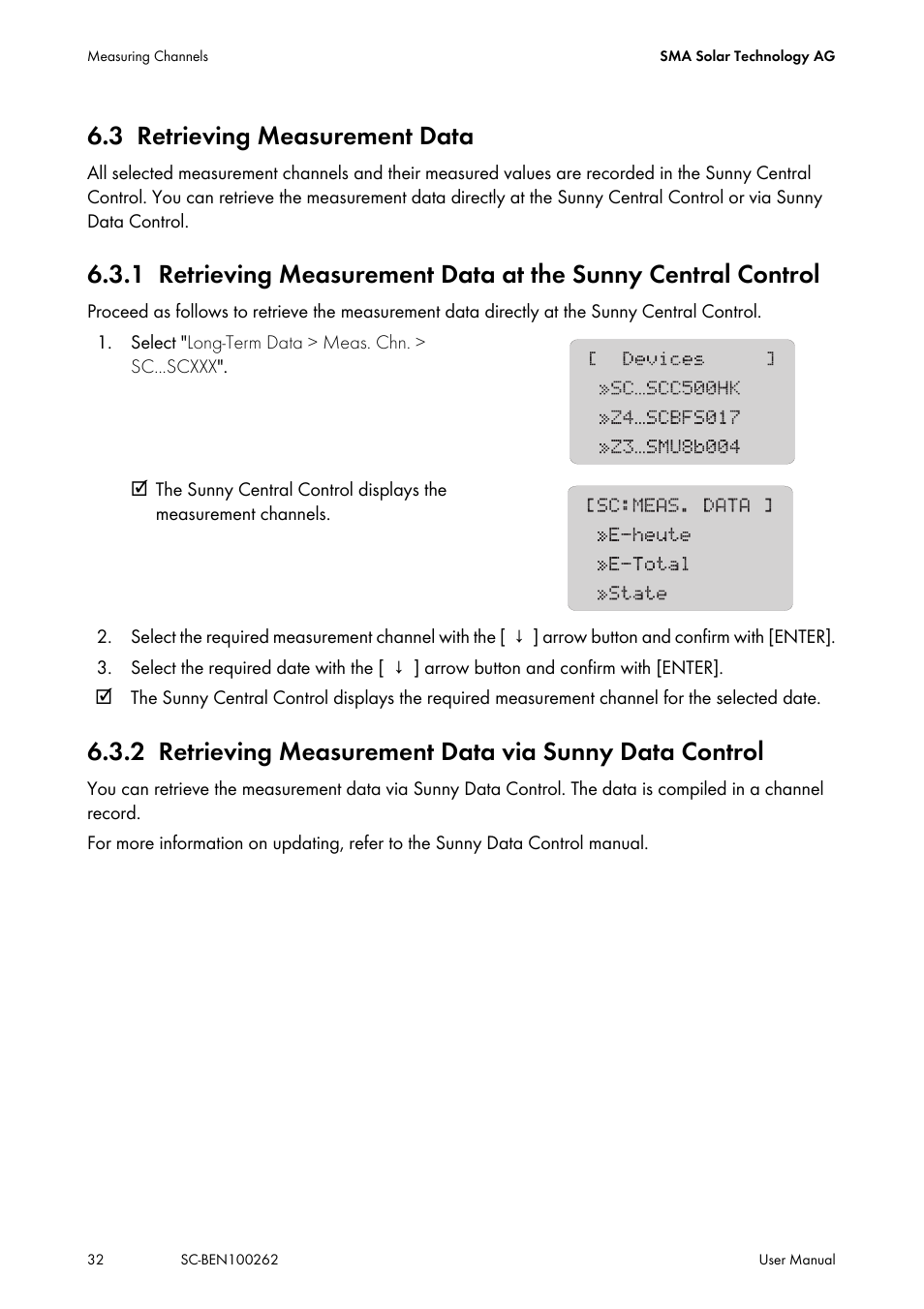 3 retrieving measurement data, Retrieving measurement data, Retrieving measurement data via sunny data control | SMA SC 200 User Manual | Page 32 / 96