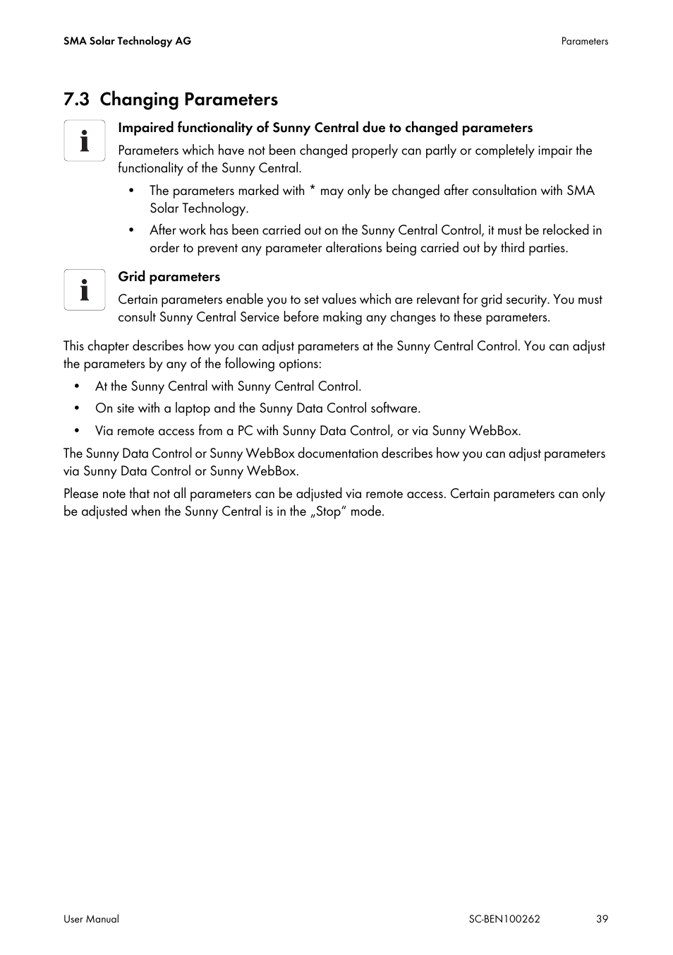 3 changing parameters, Changing parameters | SMA SC 200 User Manual | Page 39 / 96