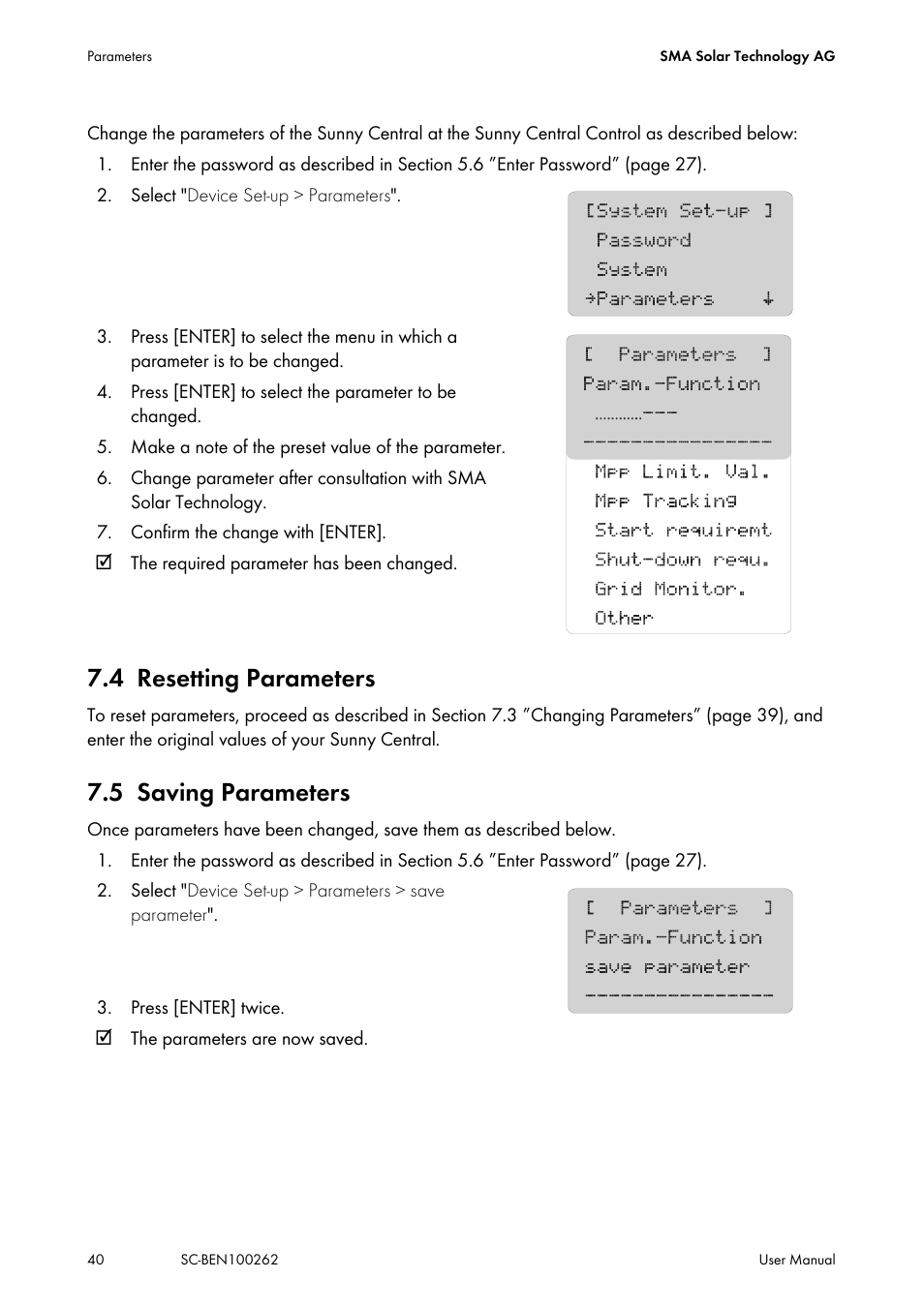 4 resetting parameters, 5 saving parameters, Resetting parameters | Saving parameters | SMA SC 200 User Manual | Page 40 / 96