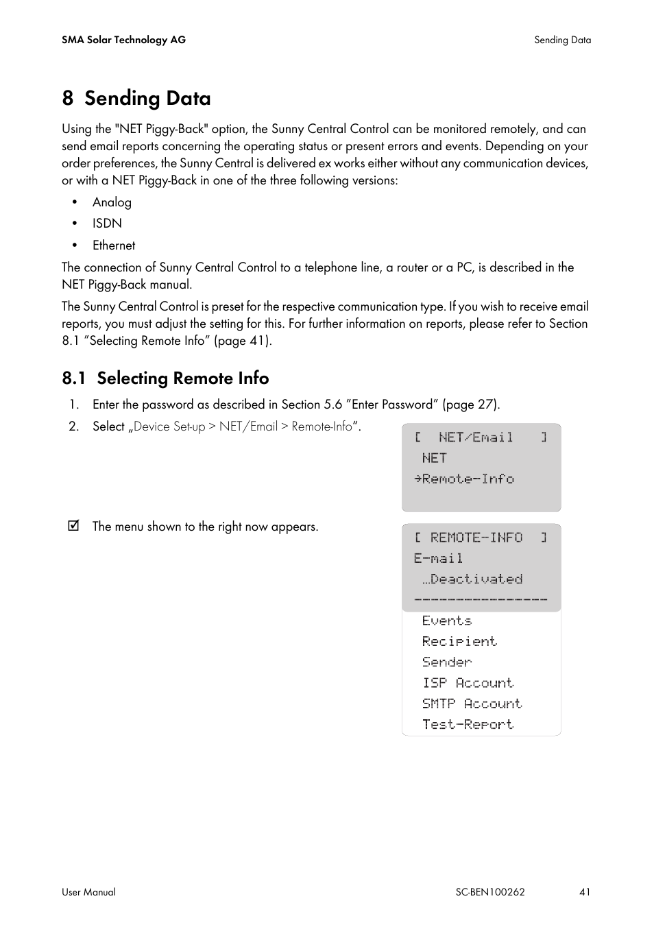 8 sending data, 1 selecting remote info, Sending data | Selecting remote info | SMA SC 200 User Manual | Page 41 / 96