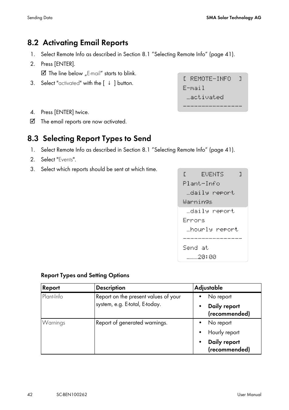 2 activating email reports, 3 selecting report types to send, Activating email reports | Selecting report types to send | SMA SC 200 User Manual | Page 42 / 96