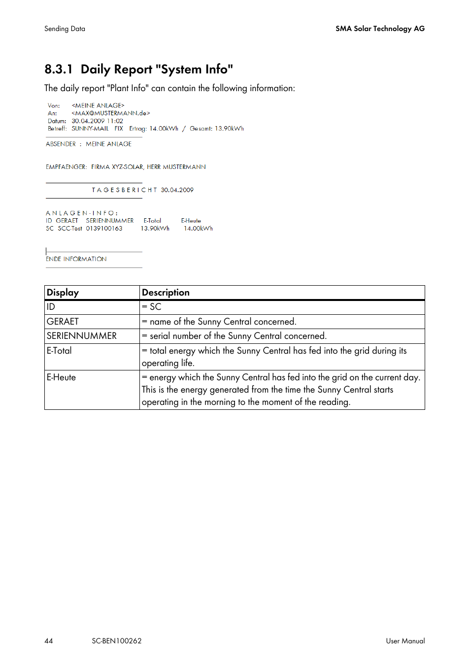 1 daily report "system info, Daily report "system info | SMA SC 200 User Manual | Page 44 / 96