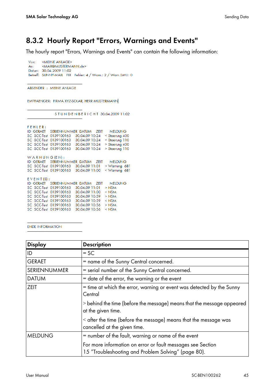 2 hourly report "errors, warnings and events, Hourly report "errors, warnings and events | SMA SC 200 User Manual | Page 45 / 96