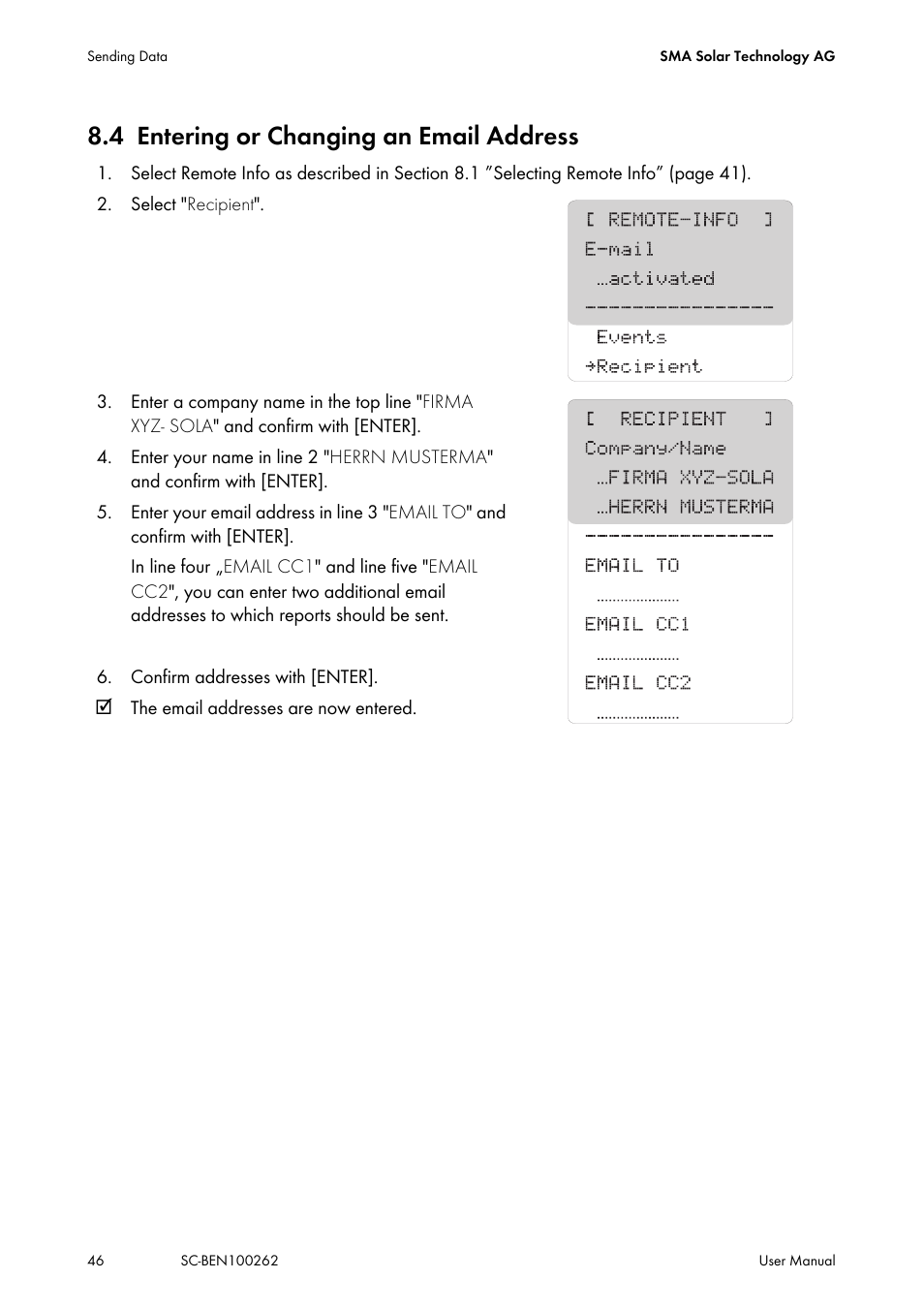 4 entering or changing an email address, Entering or changing an email address | SMA SC 200 User Manual | Page 46 / 96