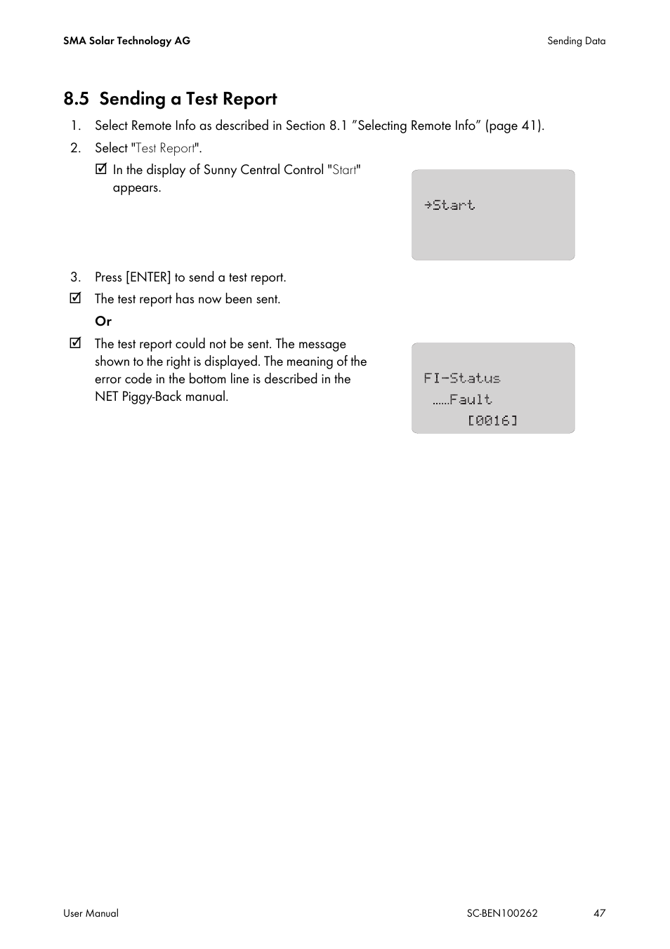 5 sending a test report, Sending a test report | SMA SC 200 User Manual | Page 47 / 96