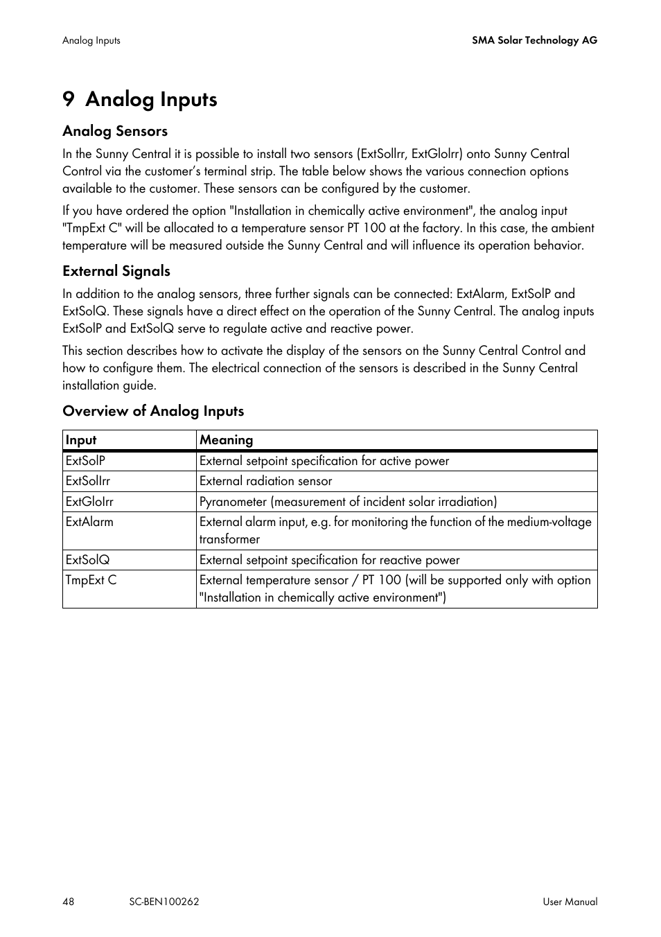 9 analog inputs, Analog inputs | SMA SC 200 User Manual | Page 48 / 96