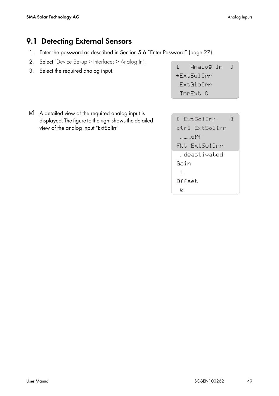 1 detecting external sensors, Detecting external sensors | SMA SC 200 User Manual | Page 49 / 96