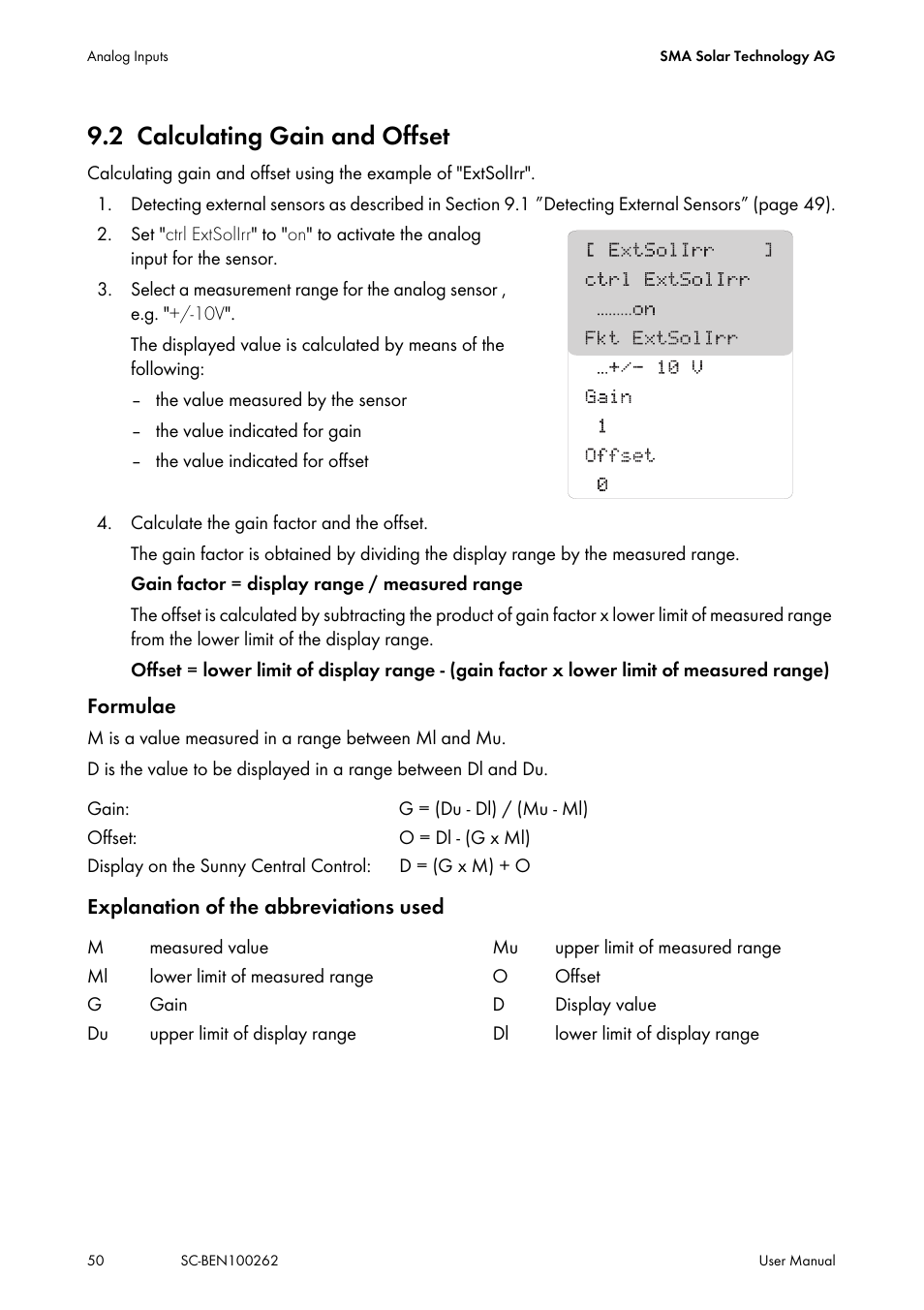 2 calculating gain and offset, Calculating gain and offset | SMA SC 200 User Manual | Page 50 / 96