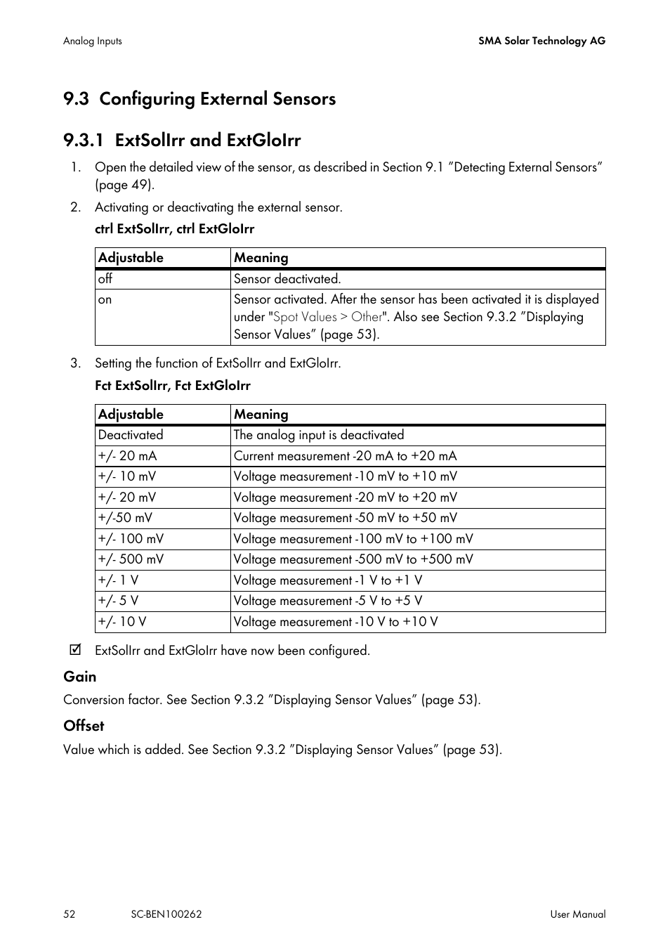 3 configuring external sensors, 1 extsolirr and extgloirr, Configuring external sensors | Extsolirr and extgloirr | SMA SC 200 User Manual | Page 52 / 96