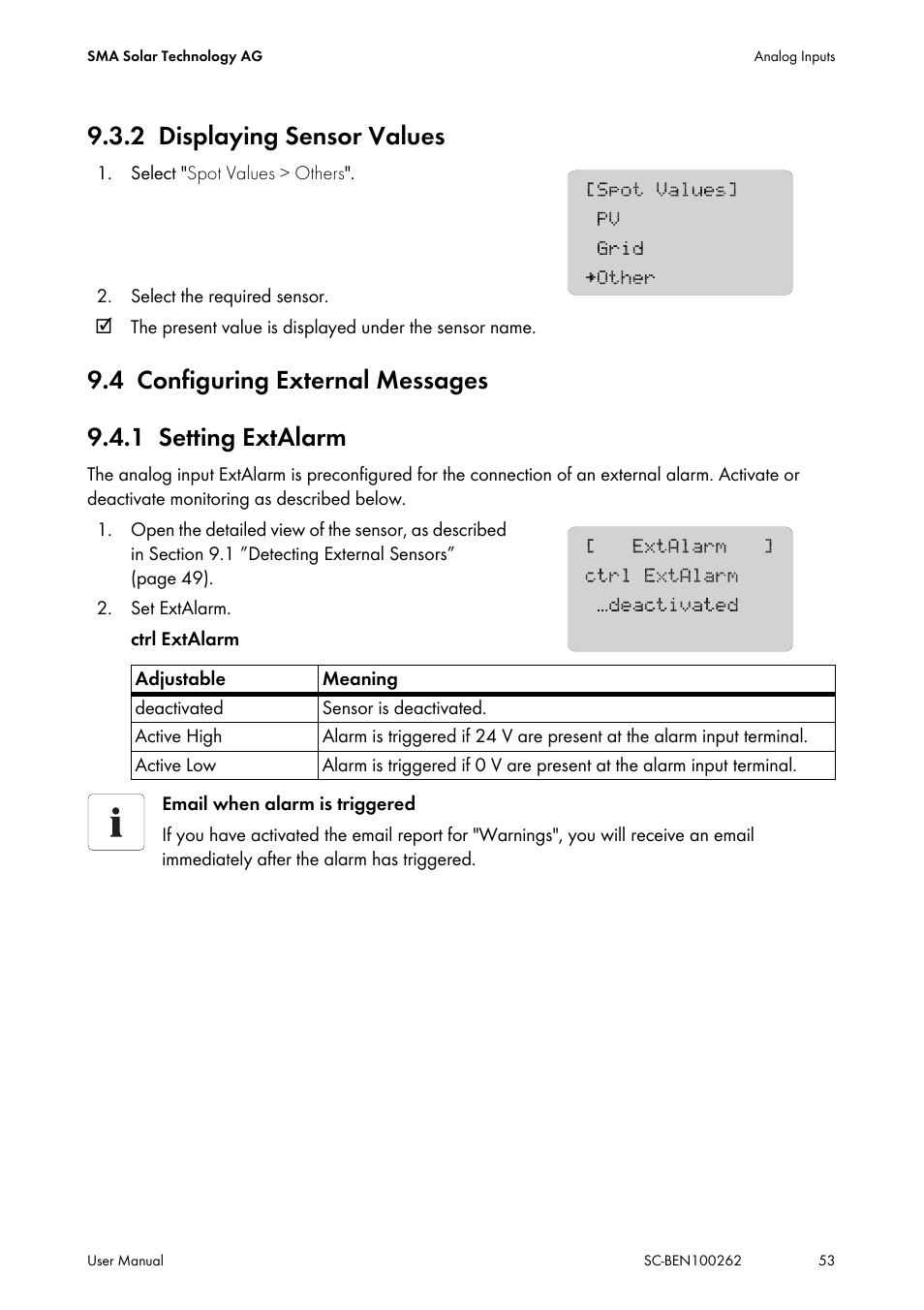 2 displaying sensor values, 4 configuring external messages, 1 setting extalarm | Displaying sensor values, Configuring external messages, Setting extalarm | SMA SC 200 User Manual | Page 53 / 96