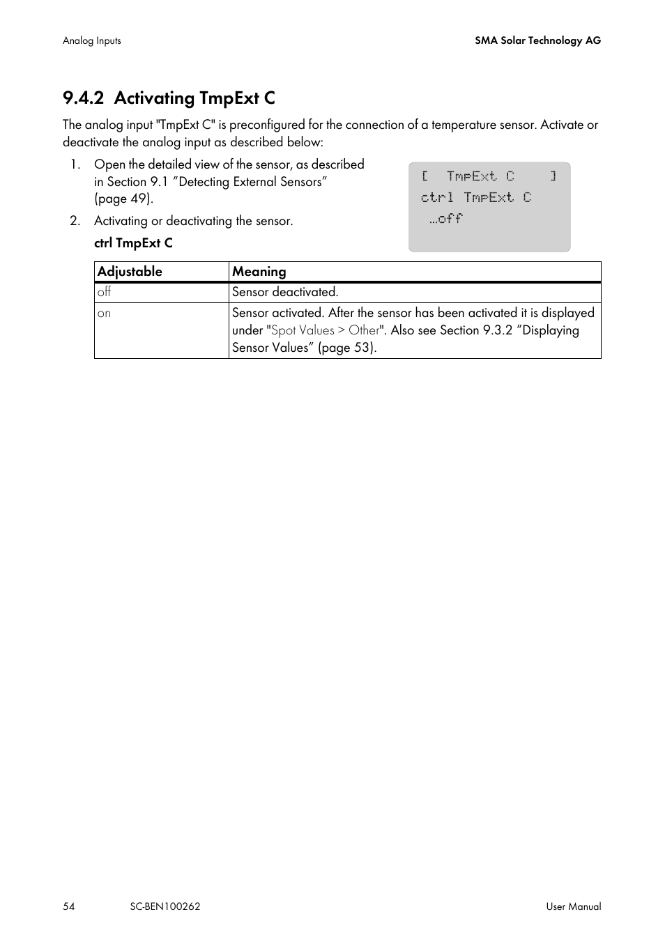 2 activating tmpext c, Activating tmpext c | SMA SC 200 User Manual | Page 54 / 96