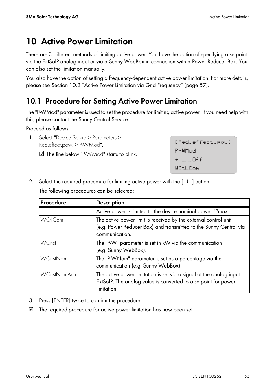 10 active power limitation, 1 procedure for setting active power limitation, Active power limitation | Procedure for setting active power limitation | SMA SC 200 User Manual | Page 55 / 96