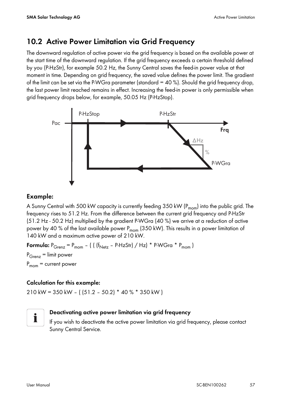 2 active power limitation via grid frequency, Active power limitation via grid frequency | SMA SC 200 User Manual | Page 57 / 96