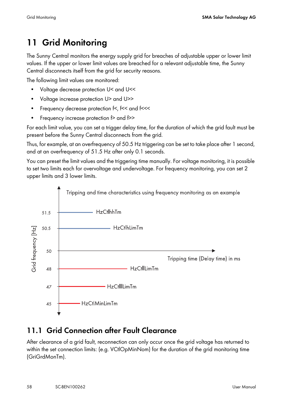 11 grid monitoring, 1 grid connection after fault clearance, Grid monitoring | Grid connection after fault clearance | SMA SC 200 User Manual | Page 58 / 96