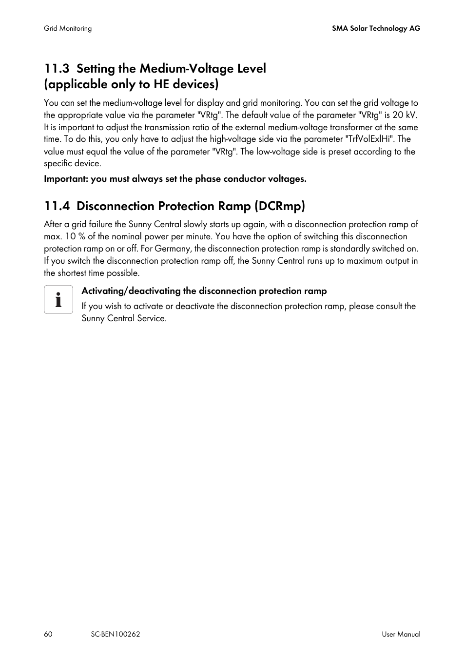 4 disconnection protection ramp (dcrmp), Setting the medium-voltage level, Applicable only to he devices) | Disconnection protection ramp (dcrmp) | SMA SC 200 User Manual | Page 60 / 96