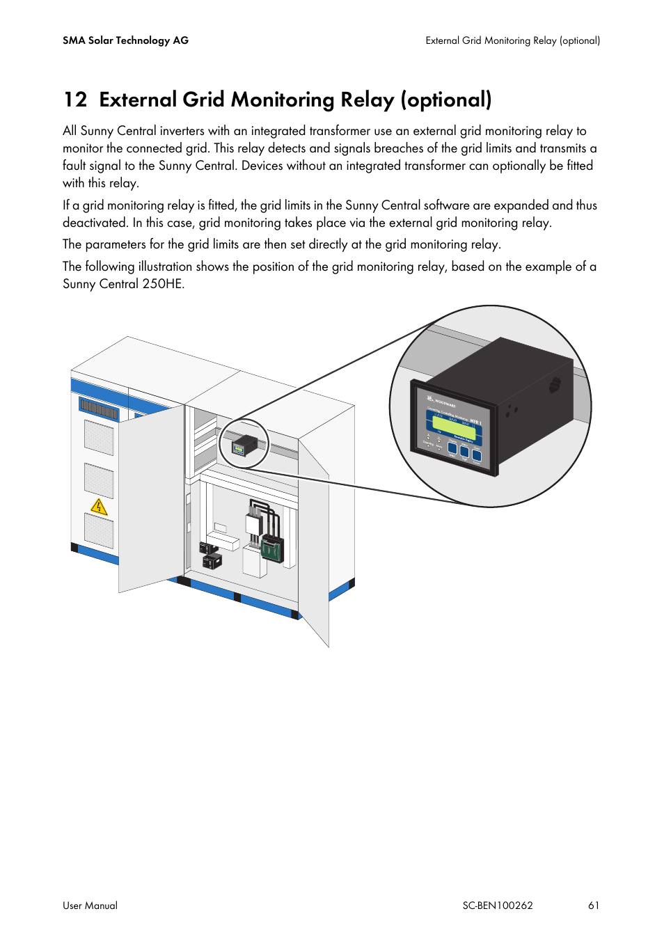 12 external grid monitoring relay (optional), External grid monitoring relay (optional) | SMA SC 200 User Manual | Page 61 / 96