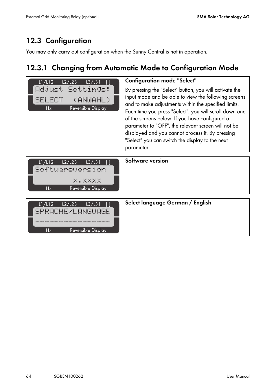 3 configuration, Configuration, Changing from automatic mode to configuration mode | SMA SC 200 User Manual | Page 64 / 96