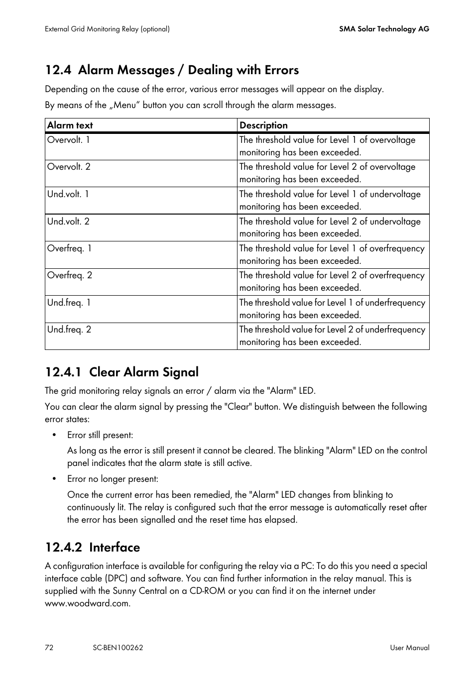 4 alarm messages / dealing with errors, 1 clear alarm signal, 2 interface | Alarm messages / dealing with errors, Clear alarm signal, Interface | SMA SC 200 User Manual | Page 72 / 96