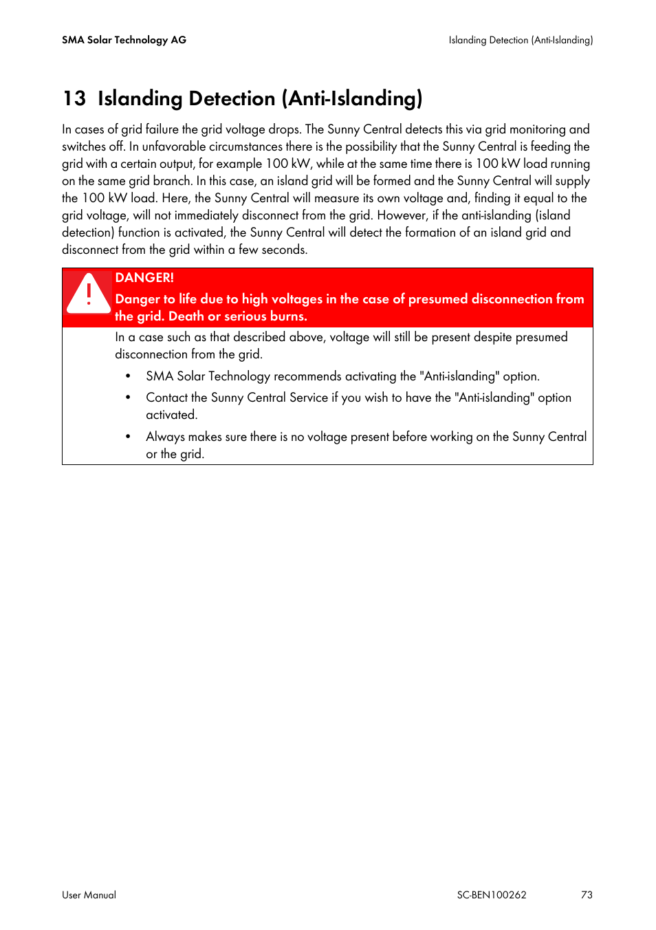 13 islanding detection (anti-islanding), Islanding detection (anti-islanding) | SMA SC 200 User Manual | Page 73 / 96