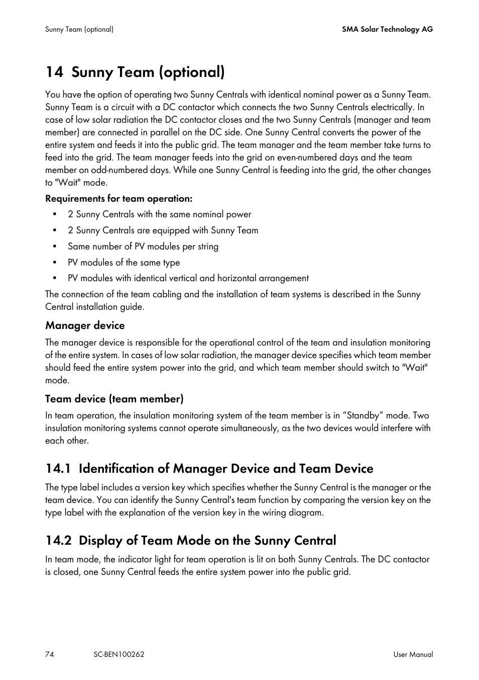 14 sunny team (optional), 1 identification of manager device and team device, 2 display of team mode on the sunny central | Sunny team (optional), Identification of manager device and team device, Display of team mode on the sunny central | SMA SC 200 User Manual | Page 74 / 96