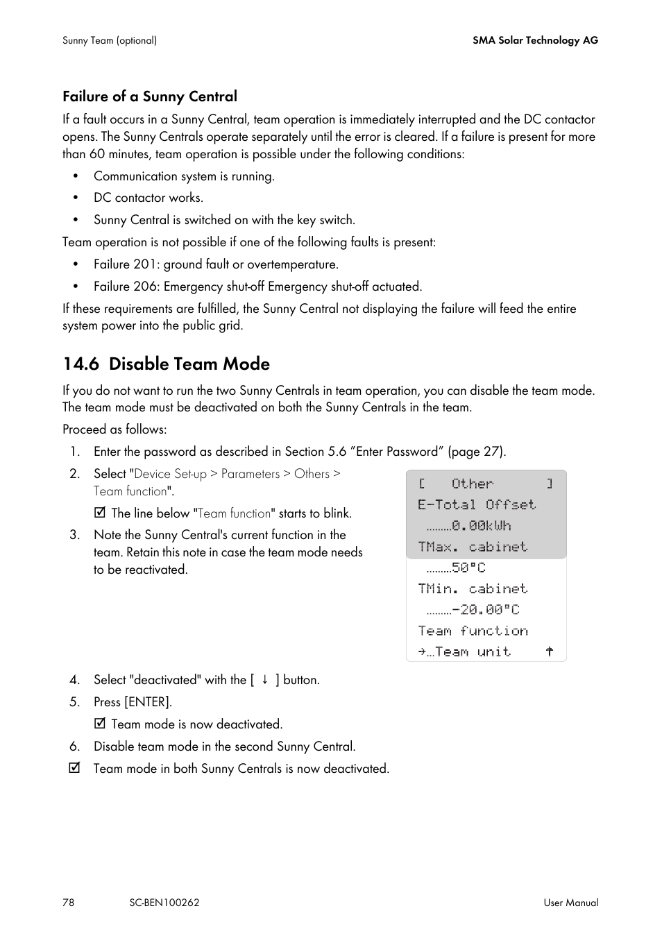 6 disable team mode, Disable team mode | SMA SC 200 User Manual | Page 78 / 96