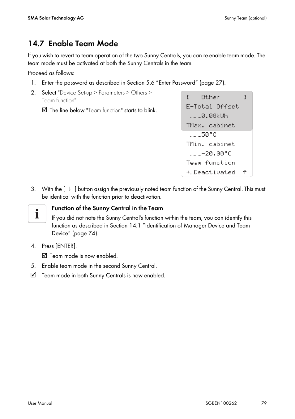 7 enable team mode, Enable team mode | SMA SC 200 User Manual | Page 79 / 96