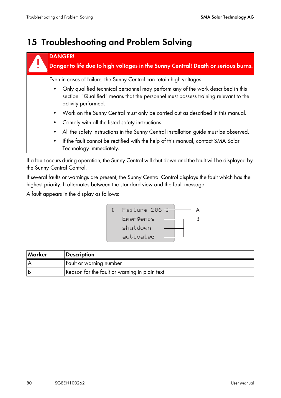 15 troubleshooting and problem solving, Troubleshooting and problem solving | SMA SC 200 User Manual | Page 80 / 96