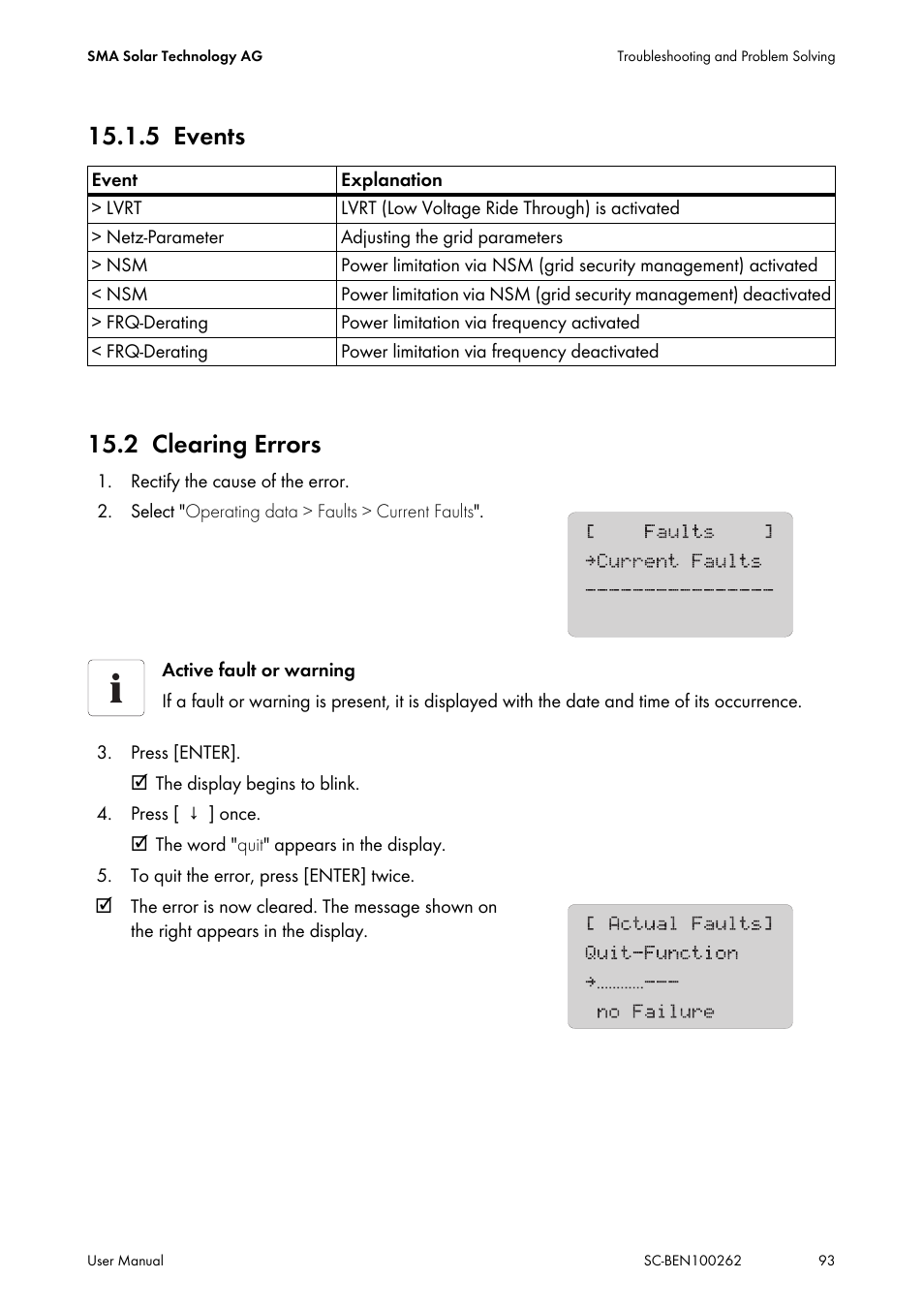 5 events, 2 clearing errors, Events | Clearing errors, 5 events 15.2 clearing errors | SMA SC 200 User Manual | Page 93 / 96