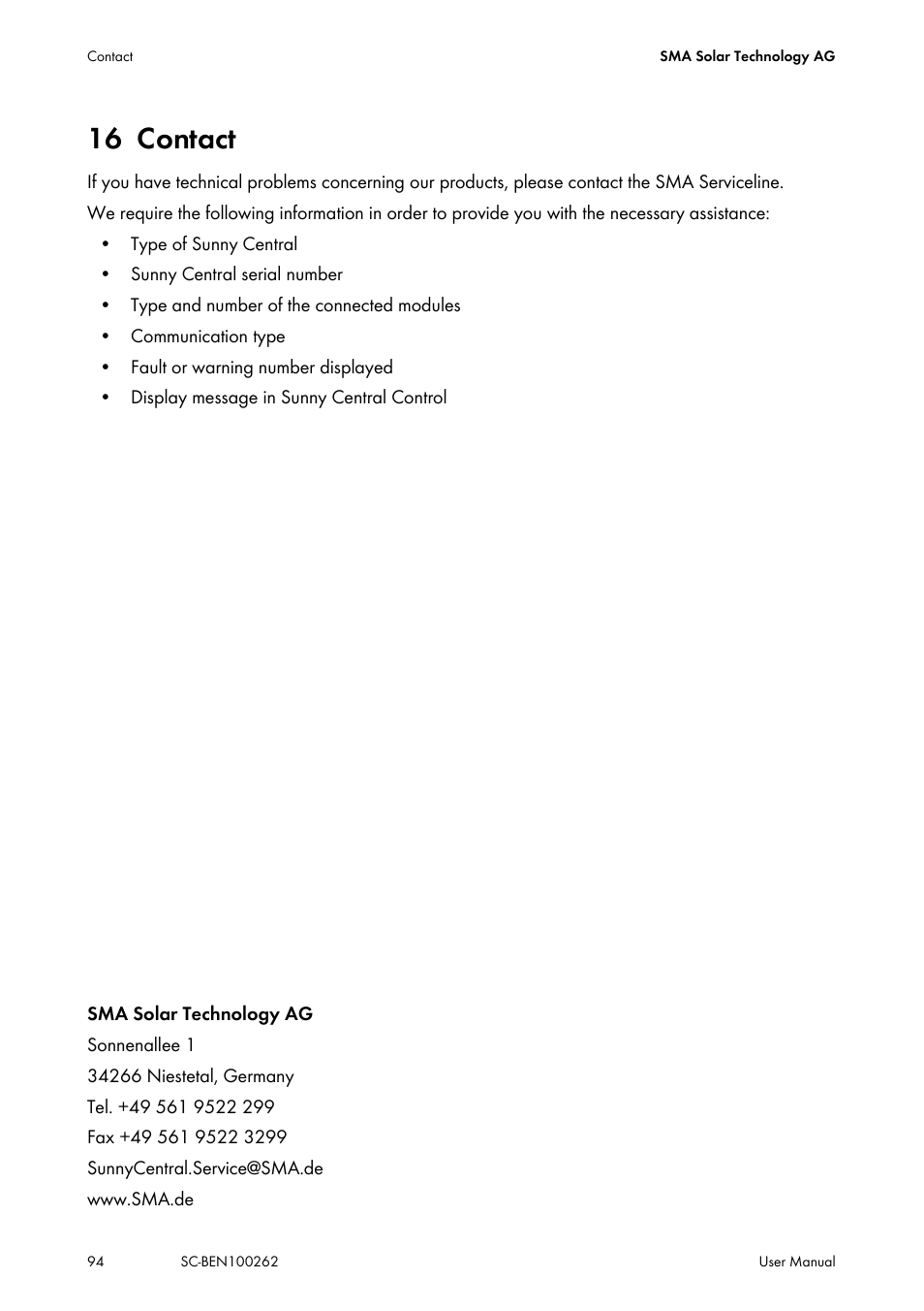 16 contact, Contact | SMA SC 200 User Manual | Page 94 / 96