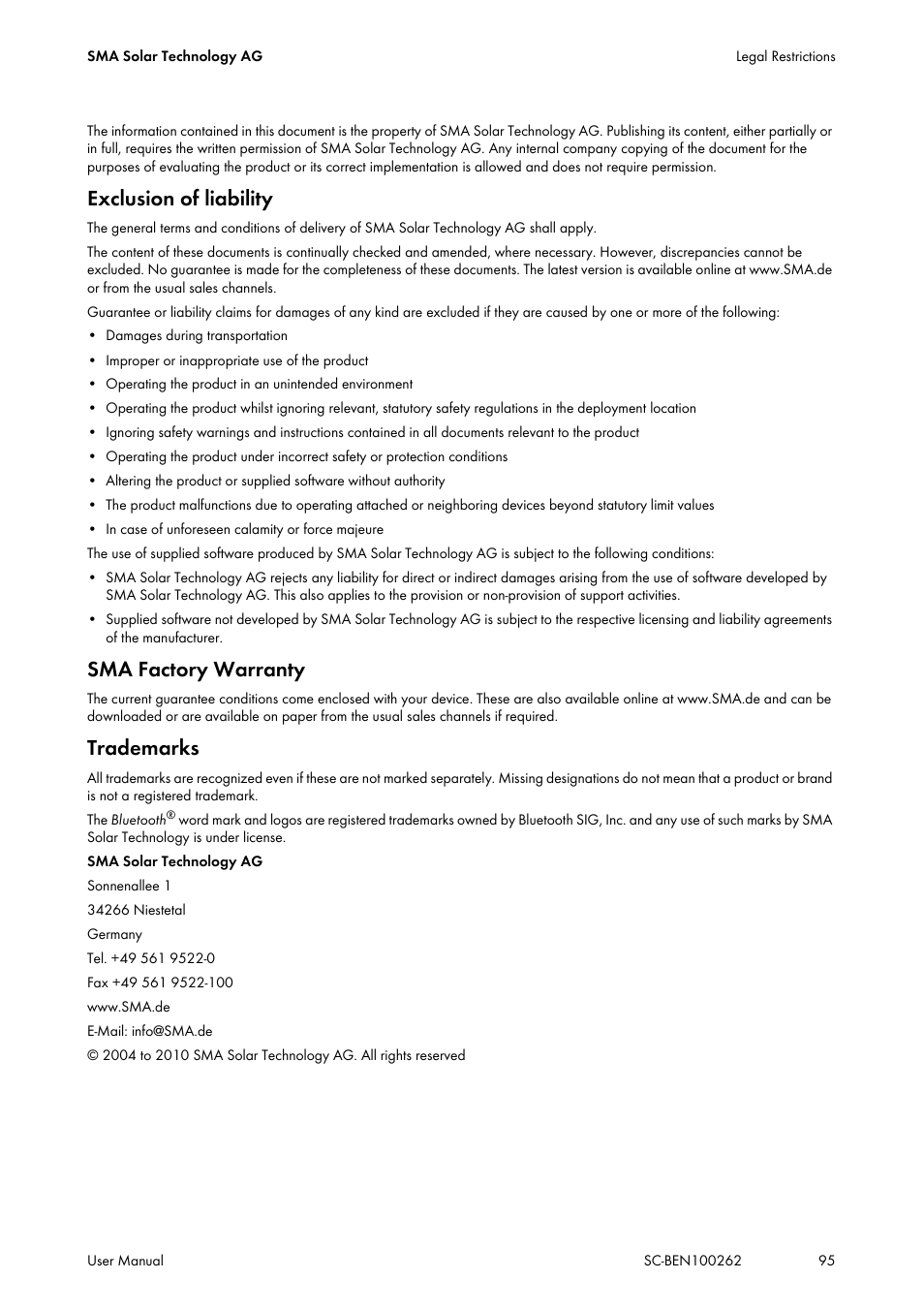 Exclusion of liability, Sma factory warranty, Trademarks | SMA SC 200 User Manual | Page 95 / 96