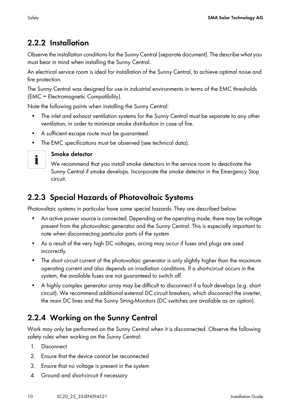 2 installation, 3 special hazards of photovoltaic systems, 4 working on the sunny central | Installation, Special hazards of photovoltaic systems, Working on the sunny central | SMA SC 200 Installation User Manual | Page 10 / 92