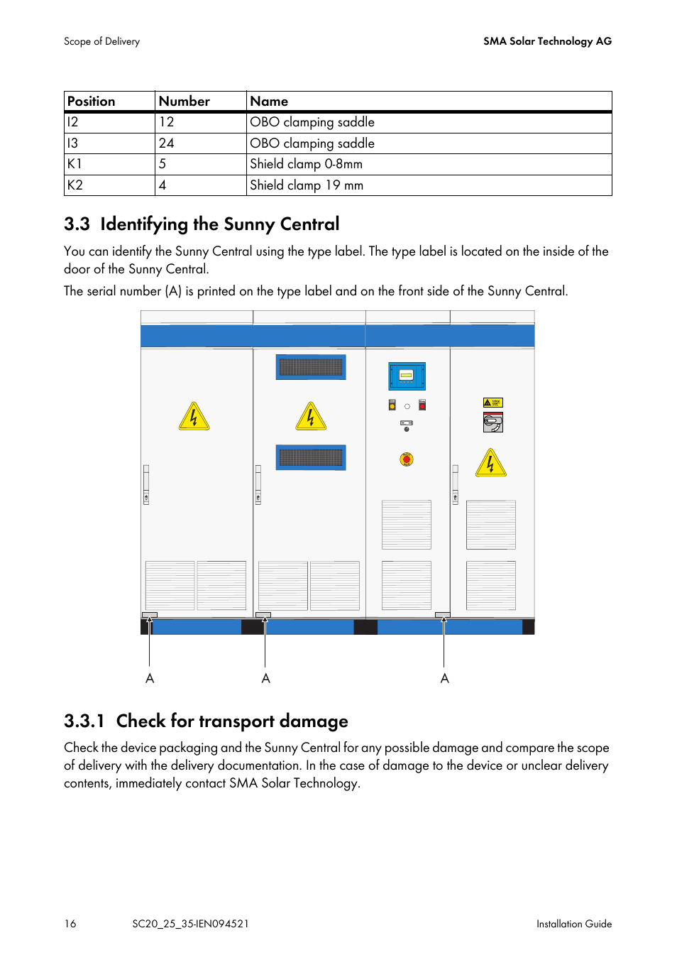 3 identifying the sunny central, 1 check for transport damage, Identifying the sunny central | Check for transport damage | SMA SC 200 Installation User Manual | Page 16 / 92