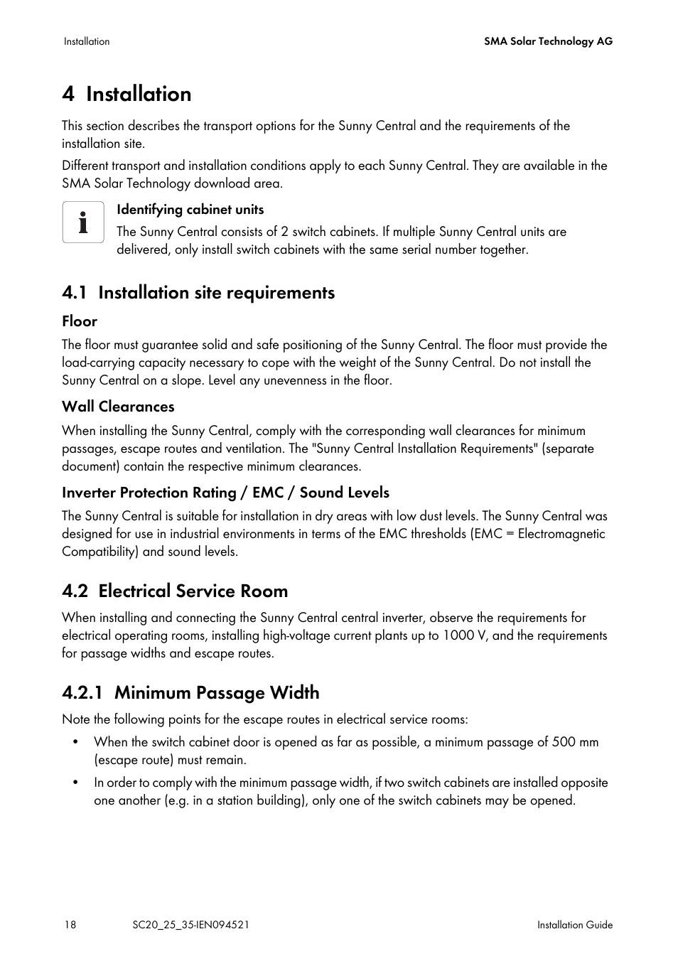 4 installation, 1 installation site requirements, 2 electrical service room | 1 minimum passage width, Installation, Installation site requirements, Electrical service room, Minimum passage width | SMA SC 200 Installation User Manual | Page 18 / 92