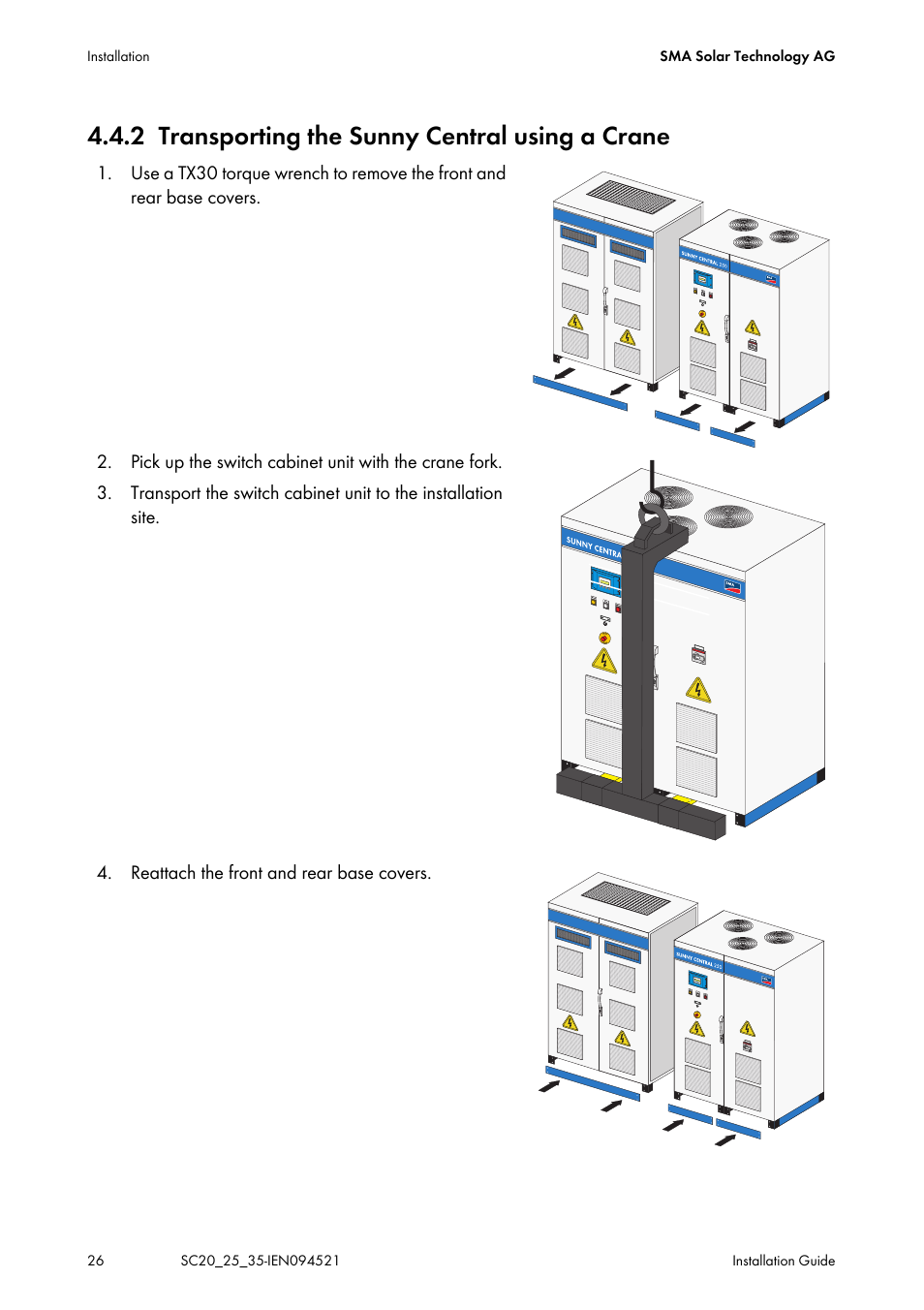 2 transporting the sunny central using a crane, Transporting the sunny central using a crane | SMA SC 200 Installation User Manual | Page 26 / 92