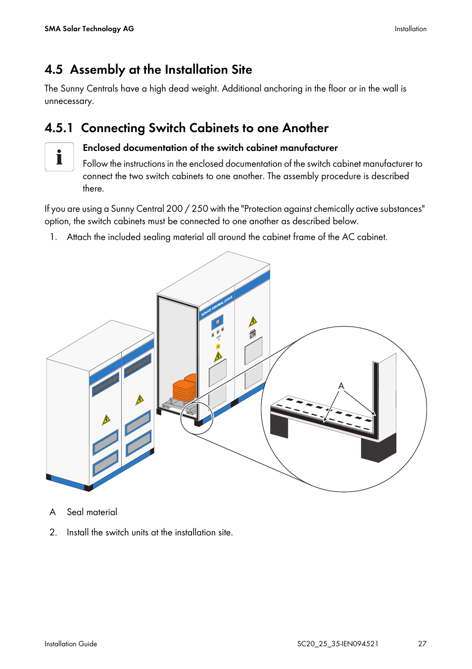 5 assembly at the installation site, 1 connecting switch cabinets to one another, Assembly at the installation site | Connecting switch cabinets to one another | SMA SC 200 Installation User Manual | Page 27 / 92