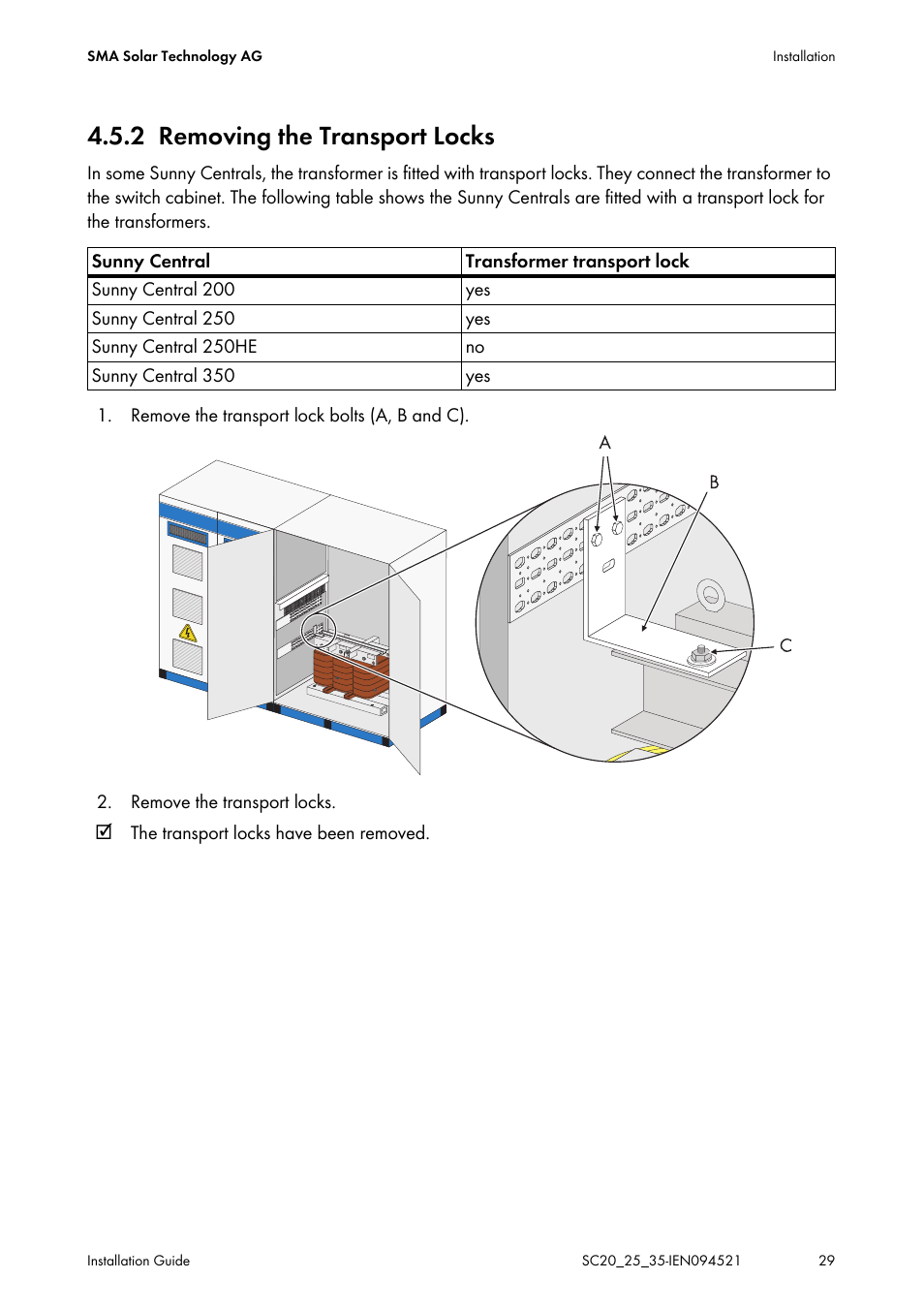 2 removing the transport locks, Removing the transport locks | SMA SC 200 Installation User Manual | Page 29 / 92