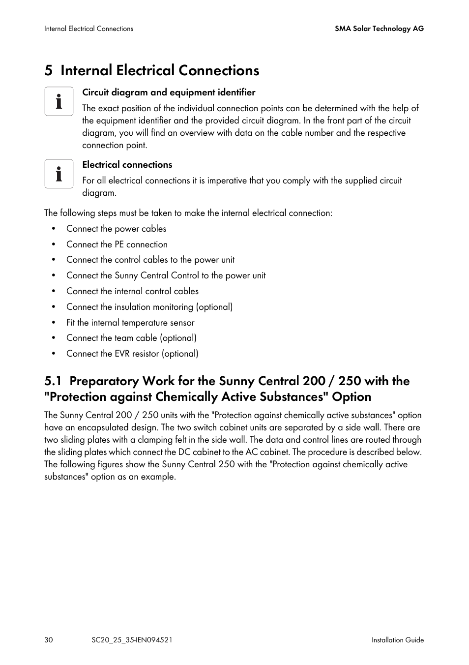 5 internal electrical connections, Internal electrical connections | SMA SC 200 Installation User Manual | Page 30 / 92