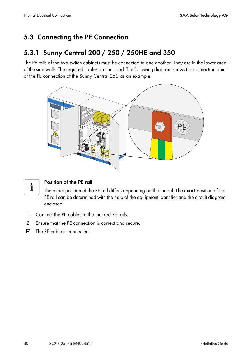 3 connecting the pe connection, 1 sunny central 200 / 250 / 250he and 350, Connecting the pe connection | Sunny central 200 / 250 / 250he and 350 | SMA SC 200 Installation User Manual | Page 40 / 92