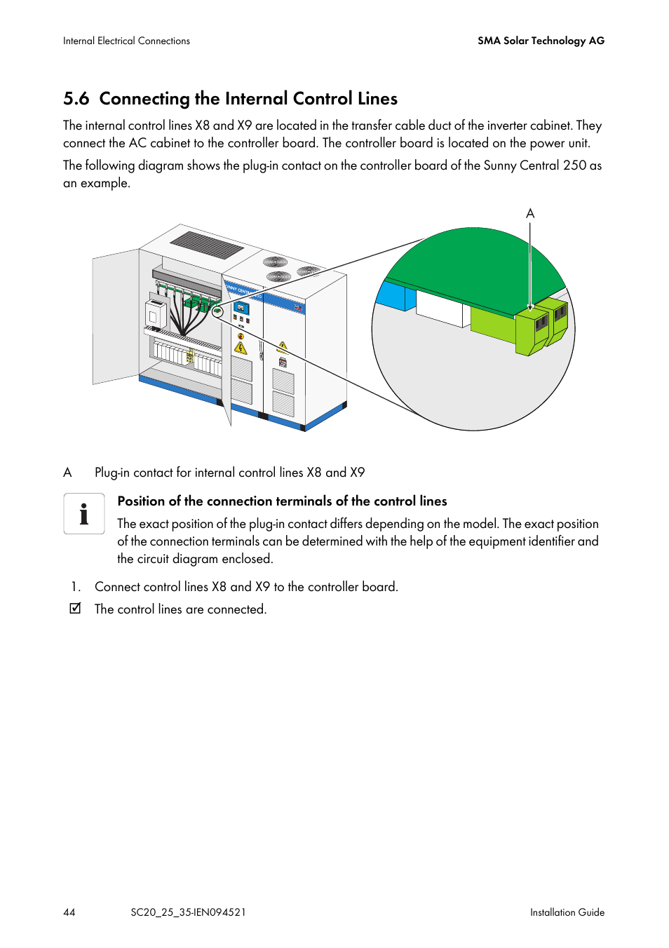 6 connecting the internal control lines, Connecting the internal control lines | SMA SC 200 Installation User Manual | Page 44 / 92