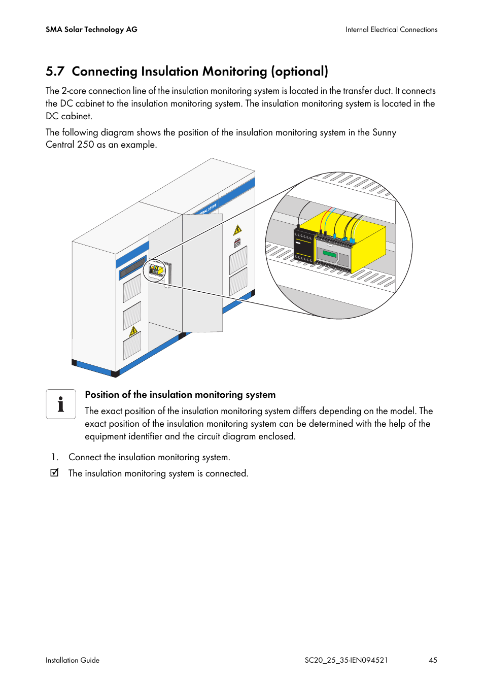 7 connecting insulation monitoring (optional), Connecting insulation monitoring (optional) | SMA SC 200 Installation User Manual | Page 45 / 92