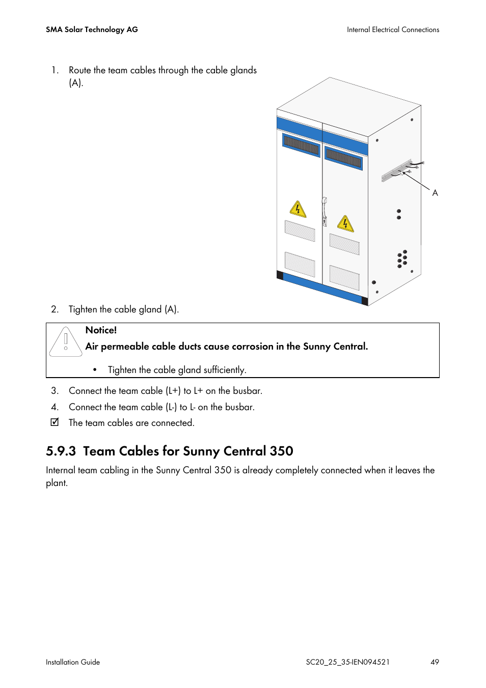 3 team cables for sunny central 350, Team cables for sunny central 350 | SMA SC 200 Installation User Manual | Page 49 / 92