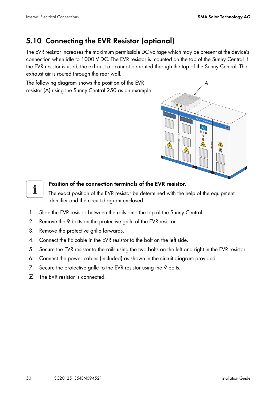 10 connecting the evr resistor (optional), Connecting the evr resistor (optional) | SMA SC 200 Installation User Manual | Page 50 / 92
