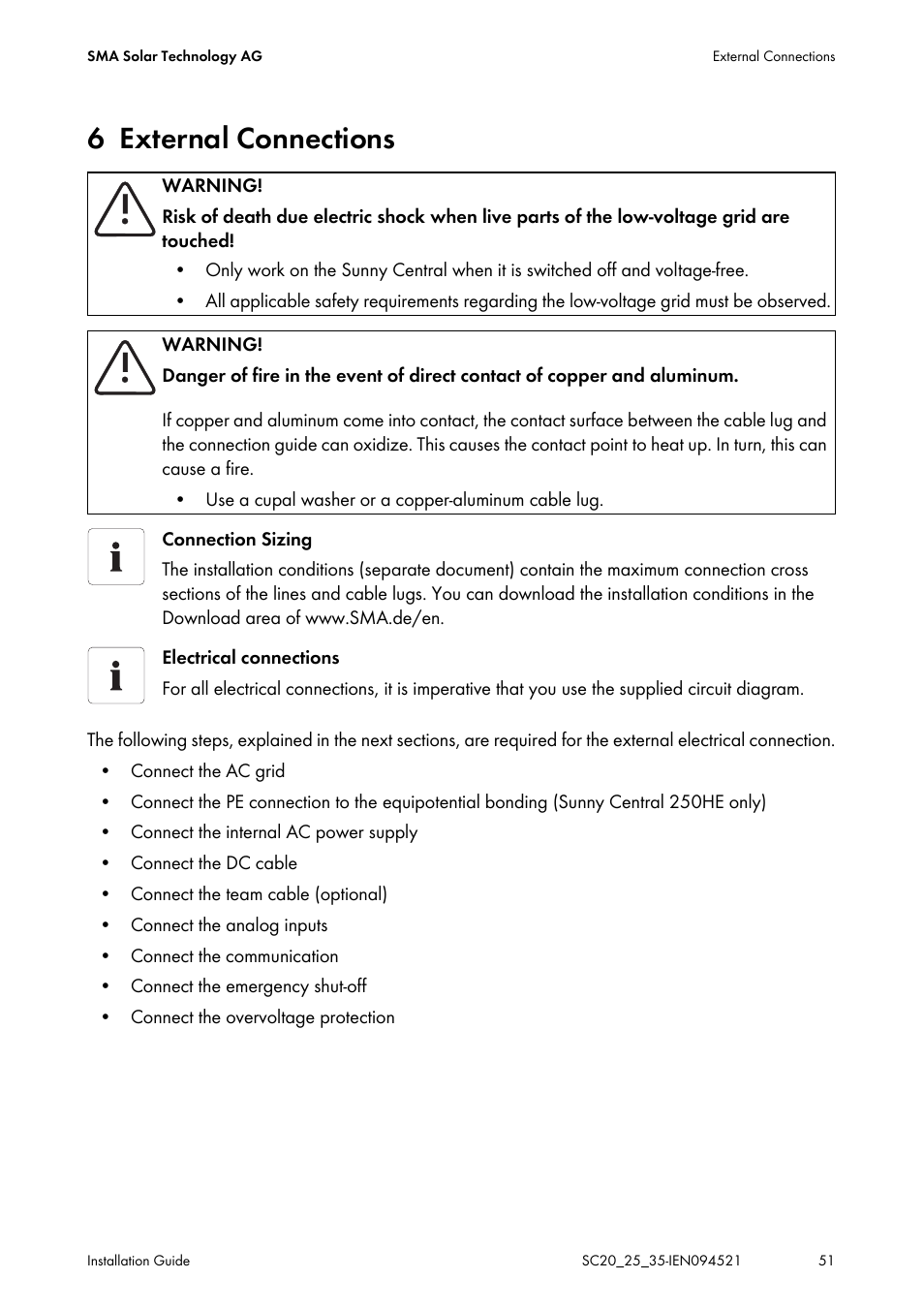 6 external connections, External connections | SMA SC 200 Installation User Manual | Page 51 / 92
