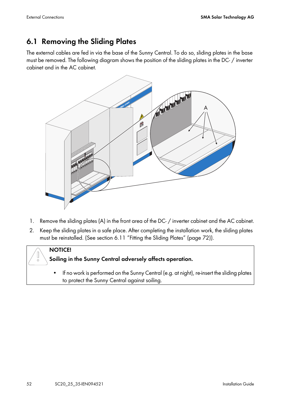 1 removing the sliding plates, Removing the sliding plates | SMA SC 200 Installation User Manual | Page 52 / 92